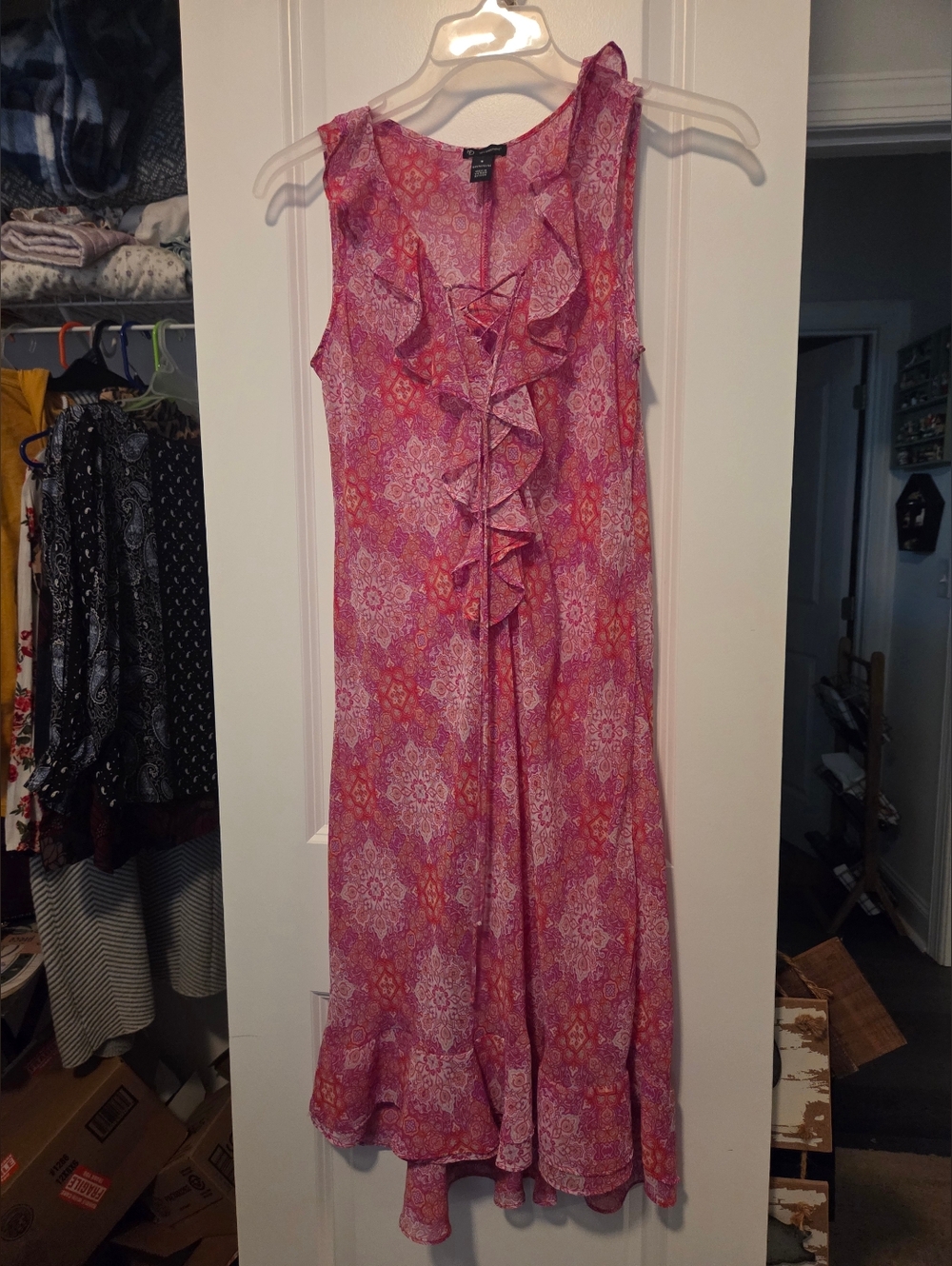 new directions Pink & Orange Ruffle-Front Midi Dress
